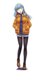 Rule 34 | 1girl, alternate costume, aqua eyes, aqua hair, black pantyhose, brown footwear, commentary request, hair between eyes, hair ornament, hairclip, hands in pockets, head tilt, ishii hisao, jacket, kantai collection, long hair, long legs, long sleeves, open mouth, pantyhose, shadow, shoes, simple background, solo, suzuya (kancolle), white background, yellow jacket