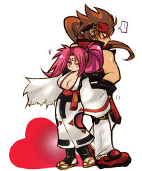 Rule 34 | 1boy, 1girl, arc system works, back-to-back, baiken, blush, breasts, brown hair, cleavage, guilty gear, heart, height difference, japanese clothes, kimono, large breasts, momo&amp;a, obi, one-eyed, pink eyes, pink hair, ponytail, sandals, sash, scar, scar across eye, scar on face, sol badguy, toeless legwear