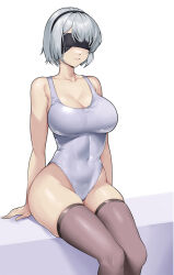 Rule 34 | 1girl, arrow (symbol), black blindfold, black hairband, blindfold, bob cut, breasts, cleavage, collarbone, commentary, covered navel, damobelmont, english commentary, grey hair, grin, hairband, highleg, highleg swimsuit, large breasts, mole, mole under mouth, nier:automata, nier (series), one-piece swimsuit, parted lips, short hair, side slit, simple background, sitting, skin tight, skindentation, smile, solo, swimsuit, thighhighs, thighs, white background, white hair, white one-piece swimsuit, 2b (nier:automata)