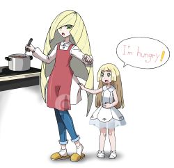 Rule 34 | 2girls, aged down, alternate costume, apron, arm up, arms up, blonde hair, blue pants, child, cooking, creatures (company), denim, dress, english text, eye contact, female focus, flat chest, full body, game freak, green eyes, hair over one eye, highres, holding, jeans, ladle, lillie (pokemon), long hair, long sleeves, looking at another, looking down, looking up, lusamine (pokemon), mature female, mother and daughter, multiple girls, nintendo, open mouth, pants, pokemon, pokemon sm, pot, red apron, see-through, shirt, simple background, sleeveless, sleeveless dress, slippers, socks, speech bubble, standing, stove, talking, tellzeta, text focus, very long hair, white background, white dress, white legwear, white shirt, yellow footwear