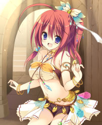 Rule 34 | 10s, 1girl, :d, ahoge, ange vierge, arch, asakura hayate, bangle, bare shoulders, blush, bracelet, breasts, collar, cowboy shot, crescent, diffraction spikes, dollar sign, fang, groin, hair between eyes, hair tubes, jewelry, large breasts, long hair, looking at viewer, midriff, navel, necklace, open mouth, original, pendant, ponytail, purple eyes, red hair, short sleeves, smile, solo