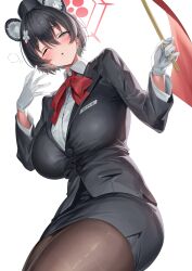 Rule 34 | 1girl, absurdres, animal ear fluff, animal ears, black hair, black hat, black pantyhose, black skirt, blue archive, blush, bow, bowtie, breasts, collared shirt, extra ears, flag, gloves, grey eyes, hair between eyes, halo, hat, highres, holding, holding flag, large breasts, long sleeves, looking at viewer, one eye closed, open mouth, pantyhose, red bow, red bowtie, red halo, shirt, short hair, simple background, skirt, solo, tsubaki (blue archive), tsubaki (guide) (blue archive), white background, white gloves, white shirt, yamanokami eaka