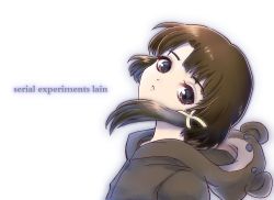 Rule 34 | 1girl, animal costume, asymmetrical hair, bad id, bad pixiv id, bear costume, brown eyes, brown hair, copyright name, hair ornament, hairclip, head tilt, iwakura lain, looking at viewer, serial experiments lain, short hair, simple background, solo, white background