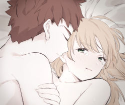 Rule 34 | 1boy, 1girl, ahoge, artoria pendragon (all), artoria pendragon (fate), bed sheet, blonde hair, blush, breasts, cleavage, completely nude, emiya shirou, fate/stay night, fate (series), green eyes, hair between eyes, long hair, nude, open mouth, red hair, saber (fate), small breasts, spiked hair, suzuakks, tears, upper body