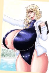 Rule 34 | 1girl, areola slip, blonde hair, blush, breasts, curvy, faina (psp), female focus, gigantic breasts, green eyes, highres, lips, mature female, mole, open mouth, original, pool, psp(3dass), shiny clothes, shiny skin, solo, standing, swimsuit, thick thighs, thighs, water, wide hips