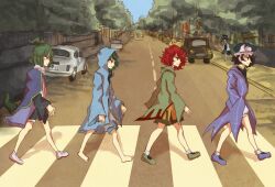 Rule 34 | 5others, abbey road, adagumo no saragimaru, album cover redraw, arrow print, barefoot, black coat, black eyes, black hair, black headwear, black shirt, black sleeves, blue jacket, blue shorts, blue sky, blunt bangs, brown shorts, capelet, car, closed mouth, coat, collar, collared capelet, collared shirt, crosswalk, derivative work, detached sleeves, enraku tsubakura, eye on hat, frilled hat, frills, from side, frown, green eyes, green footwear, green hair, green jacket, green trim, hair ornament, hakama, hakama short skirt, hakama skirt, hands in pockets, hat, hood, hood up, hooded jacket, jacket, japanese clothes, layered shorts, len&#039;en, long sleeves, looking at another, m40u, mob cap, motor vehicle, multiple others, outdoors, parody, ponytail, puffy pants, puffy shorts, purple capelet, purple footwear, purple jacket, red eyes, red hair, sandals, shadow, shirt, shitodo aoji, shitodo hooaka, shitodo kuroji, shoes, short hair, shorts, sidewalk, skirt, sky, sleeveless, sleeveless coat, smile, snake hair ornament, snake tail, socks, tabi, tail, the beatles, top hat, tree, triangular headpiece, walking, white collar, white shorts, white sleeves, white socks, wide sleeves