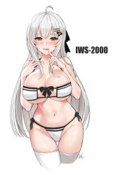 Rule 34 | 1girl, :p, ahoge, bad id, bad pixiv id, bikini, black bow, blush, bow, breasts, character name, cleavage, collarbone, commentary, cropped legs, eyepatch bikini, finger to mouth, girls&#039; frontline, gluteal fold, groin, hair ornament, hand on own chest, index finger raised, iws 2000 (girls&#039; frontline), large breasts, looking at viewer, navel, nose blush, side-tie bikini bottom, simple background, solo, stomach, strapless, strapless bikini, swimsuit, taesi, thigh gap, thighhighs, tongue, tongue out, white background, white bikini, white thighhighs, yellow eyes