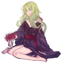 Rule 34 | 1boy, androgynous, barefoot, blue eyes, flower, frown, green hair, japanese clothes, long hair, male focus, nanakusa (hillwithstars), original, sitting, solo