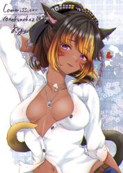 Rule 34 | 1girl, animal ears, arm behind head, breasts, brown hair, cat ears, cat tail, cleavage, collar, collared shirt, commission, denim, earrings, eyebrows hidden by hair, final fantasy, final fantasy xiv, hairband, head tilt, heart, highres, jeans, jewelry, large breasts, looking at viewer, miqo&#039;te, multicolored hair, multiple necklaces, necklace between breasts, nekonekoz001, pants, purple eyes, shirt, short hair, signature, solo, streaked hair, tail, tongue, tongue out, unbuttoned, unbuttoned shirt, upper body, warrior of light (ff14), white collar, white shirt