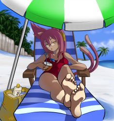Rule 34 | 1girl, animal ears, arc system works, bag, barefoot, beach, beach chair, beach umbrella, blazblue, bored, bow, cameo, cat ears, cat tail, chair, cocktail umbrella, coconut, crossed ankles, dark souls (series), dark souls i, day, drink, drinking straw, feet, foot focus, foreshortening, from software, fruit cup, full body, glasses, hair between eyes, hair bow, highres, jitome, kokonoe (blazblue), long hair, looking at viewer, lotion bottle, lounge chair, mario grant, multiple tails, ocean, one-piece swimsuit, orange eyes, outdoors, palm tree, pince-nez, pink hair, ponytail, reclining, red one-piece swimsuit, shade, solaire of astora, soles, solo, swimsuit, tail, tree, umbrella