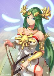 Rule 34 | 1girl, absurdres, ancient greek clothes, armlet, bare shoulders, breasts, chair, chiton, collarbone, dress, esee4844, forehead jewel, gold, green eyes, green hair, highres, jewelry, kid icarus, kid icarus uprising, large breasts, laurel crown, long hair, nintendo, on chair, palutena, parted bangs, pendant, pendant choker, side slit, sidelocks, single thighhigh, sitting, strapless, strapless dress, thighhighs, vambraces, very long hair, white dress, white thighhighs