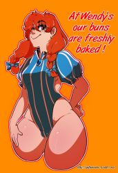 Rule 34 | 1girl, english text, freckles, highres, red hair, simple background, solo, thick thighs, thighs, wendy&#039;s, wendy (wendy&#039;s), wide hips