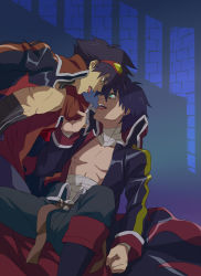 Rule 34 | 00s, 2boys, bandages, blood, blue hair, clothes grab, coat, dark persona, dual persona, eye contact, french kiss, garlock simon, goggles, goggles on head, green eyes, highres, kiss, looking at another, male focus, multiple boys, neck brace, open mouth, pandh, saliva, saliva trail, selfcest, simon (ttgl), sweat, tengen toppa gurren lagann, tongue, tongue out, topless male, yaoi