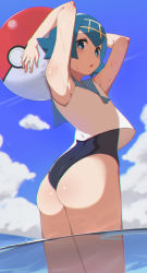 Rule 34 | 1girl, arms behind head, ass, ball, bare arms, beachball, blue eyes, blue hair, blue sailor collar, blush, body blush, cloud, commentary request, creatures (company), day, female focus, freckles, from below, game freak, hairband, holding, lana (pokemon), nintendo, one-piece swimsuit, open mouth, outdoors, pokemon, pokemon sm, sailor collar, shiny skin, shirt, short hair, sky, sleeveless, sleeveless shirt, solo, swimsuit, swimsuit under clothes, tostos, trial captain, wading, water, wet, white shirt, yellow hairband