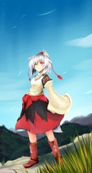 Rule 34 | 1girl, animal ears, boots, breasts, detached sleeves, fang, grass, hat, highres, inubashiri momiji, kourindou tengu costume, looking up, natui, pom pom (clothes), red eyes, short hair, silver hair, smile, solo, tail, tokin hat, touhou, wolf ears, wolf tail