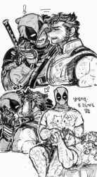 Rule 34 | !, closed eyes, closed mouth, couple, deadpool, deadpool &amp; wolverine, deadpool (series), dishing, facial hair, gloves, heart, hello kitty, holding hands, interlocked fingers, katana, kiss, looking at another, male focus, marvel, mask, mask lift, mature male, monochrome, muscular, muscular male, open mouth, pectorals, sanrio, shirt, short hair, short sleeves, shorts, sitting, smile, sword, teeth, translation request, weapon, weapon on back, wolverine (x-men), x-men, yaoi