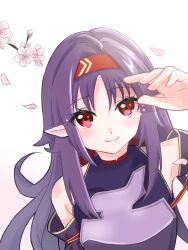 Rule 34 | 1girl, arm up, armor, bare shoulders, breastplate, closed mouth, commentary request, detached sleeves, falling petals, hairband, highres, kannya saoif, light blush, long hair, looking at viewer, petals, pointy ears, purple armor, purple hair, red eyes, red hairband, sidelocks, simple background, smile, solo, sword art online, upper body, white background, yuuki (sao)