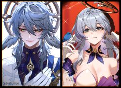 Rule 34 | 1boy, 1girl, aqua eyes, bare shoulders, bird, bird on hand, black border, blue choker, border, breasts, brother and sister, choker, cleavage, commentary, detached sleeves, dress, gloves, grey hair, halo, head wings, honkai: star rail, honkai (series), long hair, looking at viewer, looking to the side, medium breasts, np (1231 0720), purple dress, robin (honkai: star rail), siblings, smile, strapless, strapless dress, sunday (honkai: star rail), two-tone dress, upper body, white dress, white gloves, wings, yellow eyes