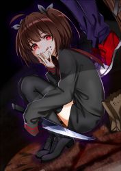 Rule 34 | 1girl, bag, black bow, black footwear, black sailor collar, black serafuku, black shirt, black skirt, black thighhighs, blue pants, bow, brown hair, food, food on face, from side, full body, hair bow, holding, holding knife, knife, loafers, long sleeves, looking at viewer, miniskirt, pants, paper bag, red eyes, red footwear, sailor collar, school uniform, serafuku, shirt, shoes, short hair, skirt, sleeves past wrists, sneakers, squatting, thighhighs, touhoku kiritan, twintails, voiceroid, yodare (3yami8), zettai ryouiki