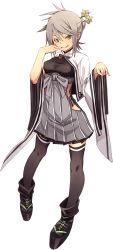 Rule 34 | &gt;:), 1girl, black thighhighs, clothing cutout, fang, fang out, folded hair, fu-ta, full body, grey hair, hair ornament, hand on own face, official art, oshiro project:re, oshiro project:re, side cutout, solo, tanba kameyama (oshiro project), thighhighs, transparent background, v-shaped eyebrows, yellow eyes