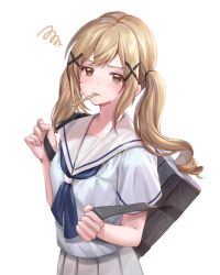 Rule 34 | 1girl, bag, bang dream!, blonde hair, blue neckerchief, blue shirt, blush, brown eyes, commentary request, frown, grey skirt, hair ornament, hanasakigawa school uniform, highres, holding strap, ichigaya arisa, long hair, looking at viewer, mouth hold, neckerchief, nogi momoko, pleated skirt, popsicle stick, school bag, school uniform, serafuku, shirt, short sleeves, sidelocks, simple background, skirt, solo, squiggle, sweat, twintails, white background, x hair ornament