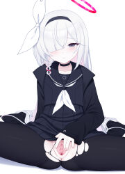 Rule 34 | 1girl, plana (blue archive), absurdres, black choker, black coat, black eyes, black hairband, black pantyhose, black shirt, black skirt, blue archive, braid, choker, closed mouth, coat, colored inner hair, grey hair, hair over one eye, hairband, halo, highres, jc shikikan, long hair, multicolored hair, pantyhose, pink hair, pussy, shirt, simple background, single braid, sitting, skirt, sleeves past wrists, solo, spread pussy, torn clothes, torn pantyhose, uncensored, white background