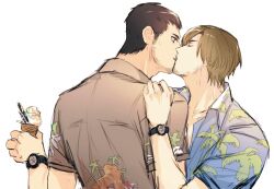 Rule 34 | 05 (link83601636), 2boys, bara, beard stubble, chris redfield, facial hair, food, food on face, from side, hand on another&#039;s shoulder, highres, holding, holding food, holding ice cream, ice cream, kiss, leon s. kennedy, licking, licking another&#039;s face, licking another&#039;s lips, male focus, mature male, multiple boys, resident evil, short hair, sideburns, sparse stubble, stubble, surprise kiss, surprised, thick eyebrows, upper body, wide-eyed, yaoi