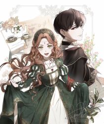 Rule 34 | 1boy, 1girl, :d, black hair, black jacket, border, circlet, cup, dress, ea ateu, florentia lombardi, flower, gem, green dress, green eyes, half updo, hat, highres, i shall master this family, jacket, jewelry, letter, long hair, long sleeves, looking at viewer, looking to the side, menu board, necklace, open mouth, outside border, pendant, perez brivacheu durelli, pink flower, puff and slash sleeves, puffy sleeves, red eyes, red gemstone, short hair, signature, skirt hold, smile, tea, tea set, teacup, teapot, very long hair, wavy hair, white background