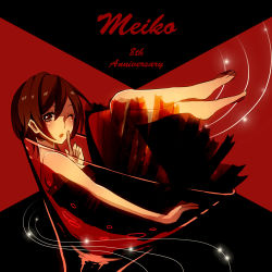 Rule 34 | 1girl, bare shoulders, barefoot, brown eyes, brown hair, cup, dress, drinking glass, eyelashes, finger to mouth, knees to chest, meiko (vocaloid), nokuhashi, one eye closed, open mouth, red theme, see-through, short hair, solo, sparkle, strapless, strapless dress, vocaloid, wine glass, wink