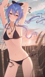 Rule 34 | 1girl, absurdres, arm up, armpits, arms up, beach, bikini, black bikini, blue eyes, blue hair, blue nails, blue sky, blurry, bow, bracelet, breasts, cloud, collarbone, depth of field, earrings, evening, floating hair, grin, hair bow, hair ribbon, high ponytail, highres, holding own arm, hololive, hoshimachi suisei, jewelry, long hair, looking at viewer, navel, necklace, outdoors, pendant, railing, ramp, ribbon, rope, side-tie bikini bottom, sky, small breasts, smile, solo, standing, star (symbol), star earrings, stomach, sunset, swimsuit, virtual youtuber, weeds, wood, wooden railing, yozora (1wkdgusdn)