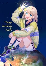 Rule 34 | 1girl, alternate size, arm around leg, arm up, bare legs, birthday, blue eyes, blue hoodie, character name, cloud, collarbone, commentary, dot nose, earrings, earth (planet), english text, fingernails, full body, grey hair, hair between eyes, happy, happy birthday, holding, holding star, hood, hoodie, hugging own legs, idolmaster, idolmaster shiny colors, jacket, jewelry, light blush, light rays, long sleeves, looking at object, looking up, medium bangs, medium hair, multicolored clothes, multicolored footwear, multicolored jacket, ocean, official alternate costume, open clothes, open jacket, open mouth, otakunocamp, planet, serizawa asahi, shoes, short shorts, shorts, sidelocks, sitting, smile, sneakers, socks, solo, space, star (sky), star (symbol), straight hair, striped clothes, striped socks, swept bangs, teeth, thighs, tongue, upper teeth only, white shorts, white socks