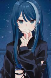 Rule 34 | 1girl, absurdres, arm at side, black jacket, blue eyes, blue hair, blush, chromatic aberration, closed mouth, cropped jacket, hair between eyes, hand up, highres, hoshino ichika (project sekai), jacket, long hair, looking at viewer, midriff, multicolored hair, night, outdoors, project sekai, railing, ritzchrono, sidelocks, smile, solo, star (sky), straight-on, straight hair, streaked hair, upper body, v over mouth, white hair