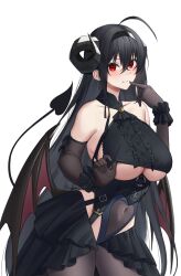 Rule 34 | 1girl, ahoge, artist name, azur lane, bare shoulders, black gloves, black hair, black hairband, black skirt, blush, breasts, center frills, closed mouth, clothing cutout, collarbone, cosplay, covered navel, crossed bangs, curled horns, demon tail, demon wings, elbow gloves, frills, gloves, hair between eyes, hairband, highres, hindenburg (azur lane), hindenburg (azur lane) (cosplay), horns, large breasts, long hair, red eyes, simple background, skirt, smile, solo, taihou (azur lane), tail, twitter username, underboob, underboob cutout, very long hair, white background, wings, yorugami rei