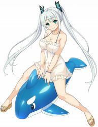 Rule 34 | 1girl, bracelet, breasts, cle masahiro, cleavage, green eyes, halterneck, inflatable dolphin, inflatable toy, jewelry, large breasts, long hair, looking at viewer, official art, platform footwear, sandals, sashou urara, simple background, smile, solo, spaghetti strap, straddling, twintails, valkyrie drive, valkyrie drive -siren-, white background