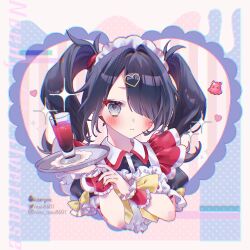 Rule 34 | 1girl, ame-chan (needy girl overdose), black hair, black nails, blush, bow, closed mouth, collared dress, commentary, copyright name, cropped torso, cup, dress, drinking glass, drinking straw, hair ornament, hair over one eye, hair tie, hands up, heart, heart hair ornament, highres, holding, holding tray, long hair, looking at viewer, maid, maid headdress, nail polish, nasu8601, needy girl overdose, octopus, polka dot, polka dot background, puffy short sleeves, puffy sleeves, short sleeves, solo, sparkle, sweets paradise, symbol-only commentary, tray, twintails, upper body, wrist cuffs, yellow bow