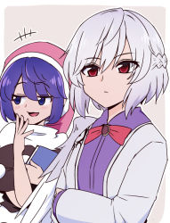 Rule 34 | +++, 2girls, blue eyes, blue hair, blush, book, border, braid, closed mouth, diary, doremy sweet, dress, feathered wings, grey hair, grey jacket, hair between eyes, hat, holding, holding book, jacket, kishin sagume, long sleeves, multicolored clothes, multicolored dress, multiple girls, nightcap, open clothes, open jacket, open mouth, purple dress, red eyes, red headwear, shio (futatsumami), short hair, single wing, smile, touhou, white border, white wings, wings