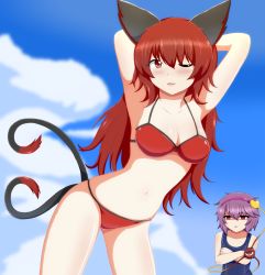 Rule 34 | 2girls, angry, animal ears, artist request, bikini, black one-piece swimsuit, blush, breast envy, breasts, cleavage, crossed arms, flat chest, hairband, heart, highres, kaenbyou rin, komeiji satori, long hair, looking at viewer, medium breasts, multiple girls, multiple tails, navel, one-piece swimsuit, one eye closed, purple hair, red bikini, red eyes, red hair, shaded face, short hair, sky, smile, standing, stomach, swimsuit, tail, third eye, touhou, two tails, wink