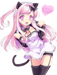 Rule 34 | 1girl, animal ears, arumi, asymmetrical hair, blush, bonkiru, breasts, cat ears, cat girl, cat tail, cleavage, dress, fang, female focus, happy, headdress, heart, heart-shaped pupils, long hair, looking at viewer, maid, open mouth, original, pink eyes, pink hair, red eyes, ribbon, side ponytail, smile, solo, symbol-shaped pupils, tail, thighhighs