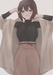 Rule 34 | 1girl, absurdres, bad id, bad pixiv id, black sweater, brown eyes, brown hair, brown skirt, chinese commentary, coat, cowboy shot, grey coat, hair ribbon, high-waist skirt, highres, ise (kancolle), kantai collection, kazeshio, looking at viewer, official alternate costume, ribbon, short hair, skirt, smile, solo, sweater