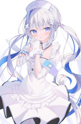Rule 34 | 1girl, absurdres, amane kanata, amane kanata (nurse), apron, bandaged arm, bandages, blue hair, blush, colored inner hair, detached collar, dress, frilled apron, frills, gloves, grey dress, grey hair, hair ornament, hairclip, hat, highres, hololive, id card, interlocked fingers, lanyard, long hair, looking at viewer, multicolored hair, nurse, nurse cap, official alternate costume, official alternate hair length, official alternate hairstyle, okomeillust, own hands clasped, own hands together, pantyhose, puffy short sleeves, puffy sleeves, purple eyes, short sleeves, solo, twintails, virtual youtuber, wavy hair, white apron, white gloves, white pantyhose, wing collar, x hair ornament