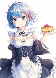 Rule 34 | 1girl, absurdres, black sleeves, blackberry (fruit), blue eyes, blue hair, blueberry, blush, breasts, cake, cleavage, commentary request, detached sleeves, dress, food, frilled sleeves, frills, fruit, hair ornament, hair over one eye, hair ribbon, highres, holding, holding plate, looking at viewer, maid, maid headdress, medium breasts, open mouth, parted bangs, pink ribbon, plate, re:zero kara hajimeru isekai seikatsu, rem (re:zero), ribbon, short hair, simple background, smile, solo, strawberry, tess (88884), white background, x hair ornament