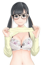 Rule 34 | 1girl, absurdres, black eyes, black hair, blush, bow, bow bra, bra, breasts, cleavage, closed mouth, clothes lift, commentary request, floral print, gibun (sozoshu), glasses, grey eyes, highres, lifted by self, long hair, long sleeves, looking at viewer, medium breasts, navel, original, ribbed sweater, simple background, smile, solo, stomach, sweater, sweater lift, twintails, underwear, upper body, white background, white bra, yellow sweater