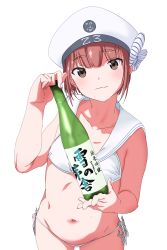 Rule 34 | 10s, 1girl, absurdres, anchor, bikini, bottle, bouen, brown eyes, brown hair, closed mouth, collarbone, cowboy shot, day, expressive clothes, flat chest, groin, hat, highres, kantai collection, light smile, looking at viewer, navel, sailor bikini, sailor collar, sake bottle, short hair, side-tie bikini bottom, simple background, solo, sweat, swimsuit, white background, white bikini, white hat, z3 max schultz (kancolle)