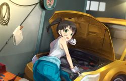 Rule 34 | 10s, 1girl, artist request, bent over, black hair, car, clothes around waist, gloves, grease, green eyes, harada miyo, idolmaster, idolmaster cinderella girls, idolmaster cinderella girls starlight stage, jacket, jacket around waist, looking at viewer, looking back, mechanic, motor vehicle, official art, open mouth, short ponytail, solo, star (symbol), twintails, vehicle
