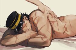 Rule 34 | 1boy, aoi (husiginokuninoa), ass, bara, blush, completely nude, feet out of frame, golden kamuy, hand on another&#039;s back, hat, hat over one eye, kepi, lying, male focus, military hat, nude, on stomach, scar, scar on face, scar on mouth, scar on nose, scars all over, short hair, solo focus, sugimoto saichi, toned, toned male, too many, scars all over, yaoi