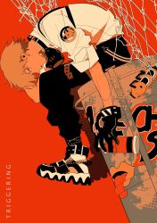Rule 34 | 1boy, black gloves, black pants, blonde hair, chainsaw, chainsaw man, character print, collared shirt, denji (chainsaw man), drum (container), gloves, highres, leaning forward, looking at viewer, mask, unworn mask, mouth mask, null024, orange background, orange theme, pants, pochita (chainsaw man), shirt, shirt tucked in, short hair, sideways glance, simple background, sitting, solo, spray can, white shirt