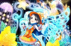 Rule 34 | 1girl, :d, artist request, black eyes, black hair, cape, dress, gloves, hair ornament, hairclip, hat, headset, idolmaster, idolmaster cinderella girls, idolmaster cinderella girls starlight stage, looking at viewer, official art, open mouth, orange dress, orange footwear, orange hat, rabbit hair ornament, sasaki chie, shoes, short hair, smile, solo, wand, white gloves