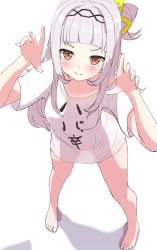 Rule 34 | 1girl, absurdres, aoto mei, barefoot, brown hair, highres, hololive, looking at viewer, murasaki shion, shirt, smile, solo, standing, t-shirt, virtual youtuber, white hair