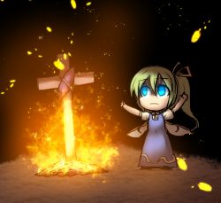 Rule 34 | 1girl, arms up, blue eyes, burning, commentary request, cross, crucifix, daiyousei, dress, embers, fairy, fairy wings, fire, food, green hair, hair between eyes, hair ribbon, kuresento, long hair, night, pinafore dress, ribbon, roasted sweet potato, shaded face, shirt, short sleeves, side ponytail, sleeveless dress, solo, sweet potato, touhou, wings