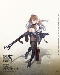 Rule 34 | 1girl, artist request, balloon, black pantyhose, blue eyes, blue jacket, blush, bodysuit, breasts, brown hair, car (girls&#039; frontline), cleavage, fire extinguisher, fur-trimmed jacket, fur collar, fur trim, girls&#039; frontline, gun, hair between eyes, hair ornament, hairclip, hand on weapon, highres, holding, holding weapon, jacket, large breasts, leaning forward, long hair, looking at viewer, machine gun, official art, pantyhose, shirt, shoes, simple background, sneakers, solo, thighs, weapon, white shirt